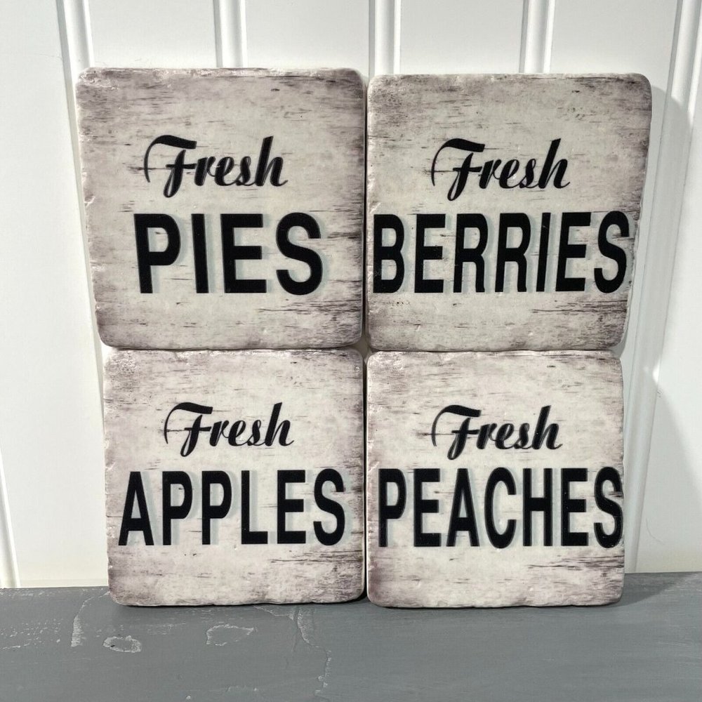 Fresh Fruit Square Stone Coasters Set of 4 New In Box Cork Bottom